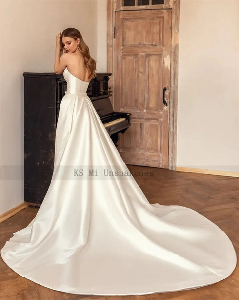 Elegant Ivory Detachable Train Wedding Dresses Mermaid Satin Gown