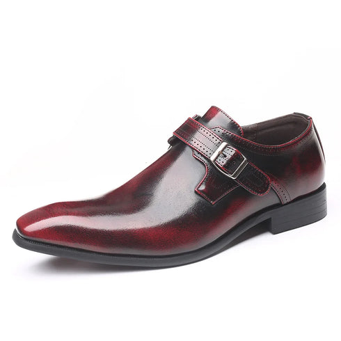 Italian Style Genuine Leather Men's Slip-On Dress Shoes with Buckle - Formal Footwear