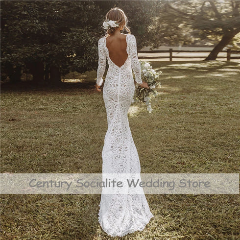 Backless Mermaid Wedding Dresses Boho Long Sleeve Lace Bridal Gown