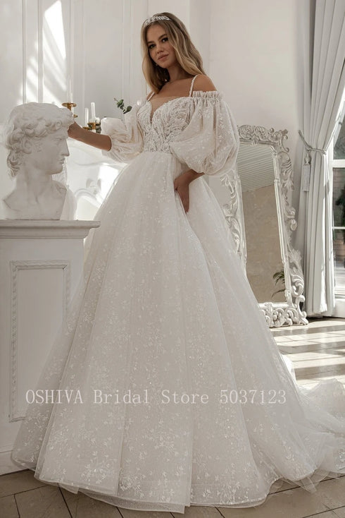 Princess Applique Lace Wedding Dresses Puff Sleeve Ball Gown