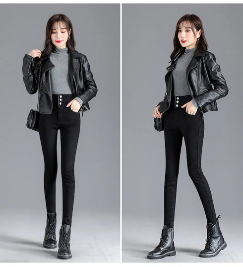 Warm High-Waist Fleece-Lined Skinny Jeans for Women - Perfect for Casual Fall Outfits and Stylish Pencil Pants Looks