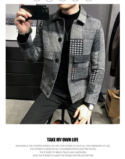 Men's Casual Lapel Hoodless Jacket - Slim Fit Plaid Woolen Coat for Autumn and Winter Fashion