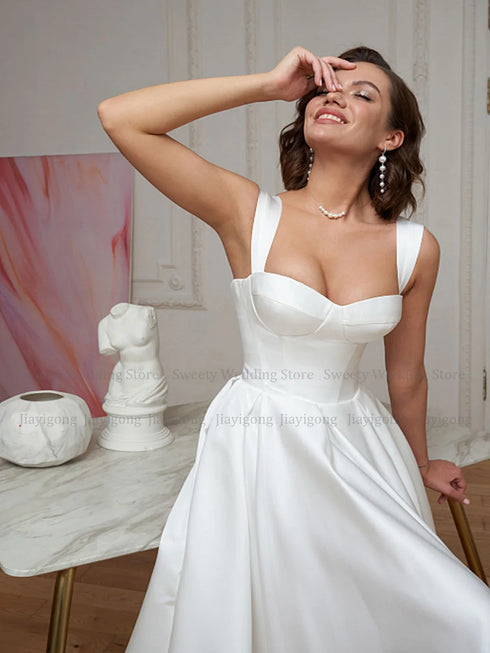 Short Wedding Dress Customized Civil Dresses Sexy Sweetheart Simple Bridal Gowns Mid-Calf Satin Backless
