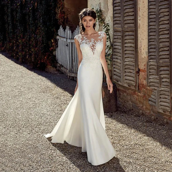 Wedding Dress Boho Sexy Illusion Sleeveless Scoop Neck Appliqued Lace Mermaid Gowns
