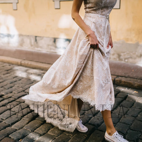 Customized Vintage Champagne Lace Bohemian Wedding Dress A Line Cap Sleeve Sexy Backless Bridal Gown