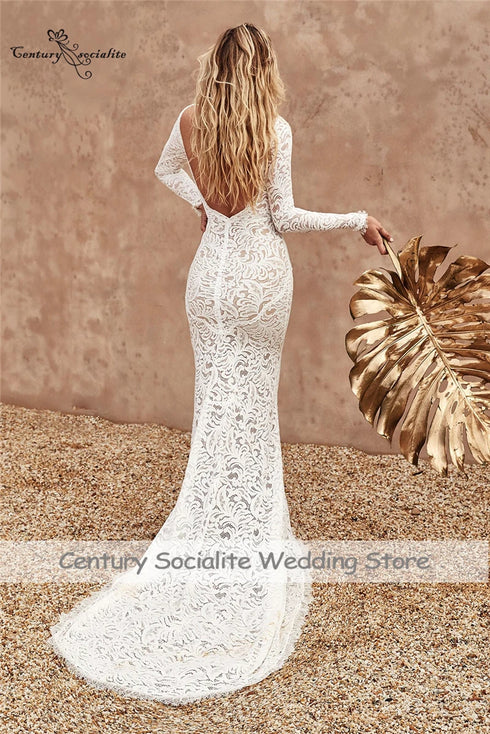 Backless Mermaid Wedding Dresses Boho Long Sleeve Lace Bridal Gown