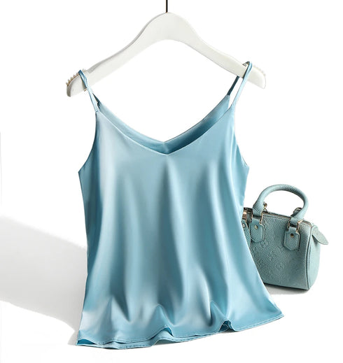 Spaghetti Strap Satin Silk Tank Top Women Sleeveless Halter V Neck Camisole Summer Casual Cami