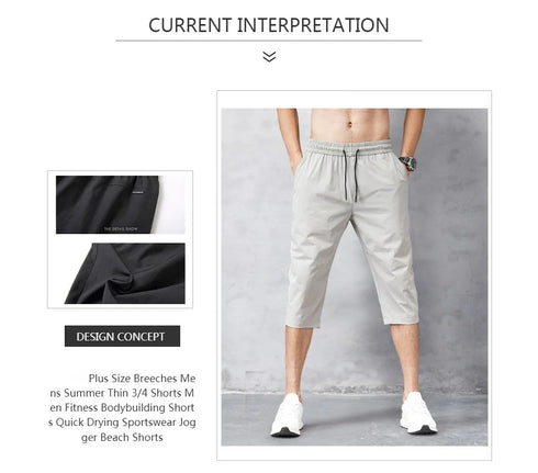 Men's Shorts Summer Breeches Thin Nylon 3/4 Length Trousers Quick Drying Beach Bermuda Board