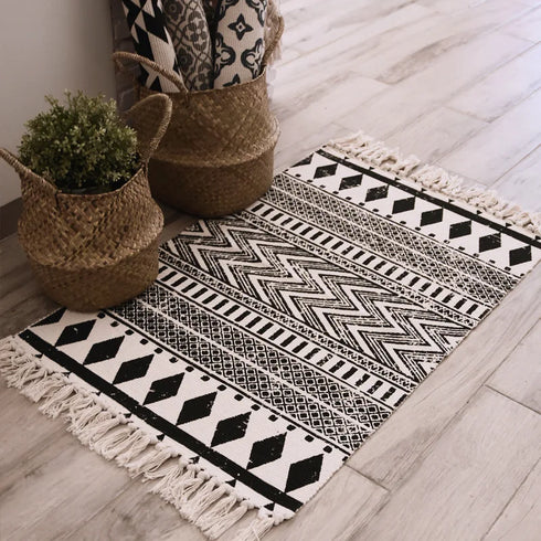 Ethnic Style Woven Linen Cotton Rectangle Rug Mat for Living Room and Bedroom Foot Pad