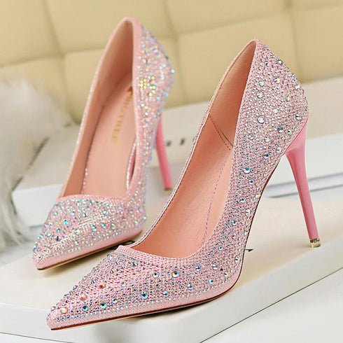 Rhinestone Stiletto Wedding Pumps for Women - Crystal Embellished Pointed Toe Heeled Shoes