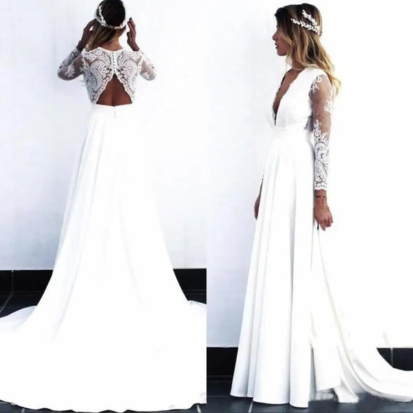 On Sale Long Sleeve Wedding Gowns Lace Bridal Gowns Deep V Neckline