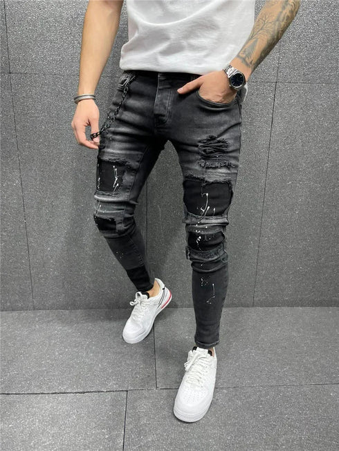 Men's Distressed Ripped Biker Jeans - Slim-Fit Pencil Denim Trousers with Zipper Detail