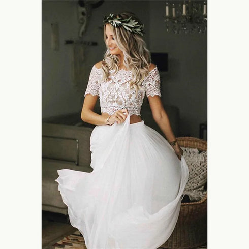 Charming Customized Boho Wedding Gowns Lace Two Pieces Top Bateau Neckline Beach Bride Dresses