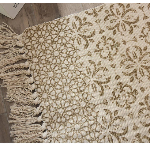 Ethnic Style Woven Linen Cotton Rectangle Rug Mat for Living Room and Bedroom Foot Pad