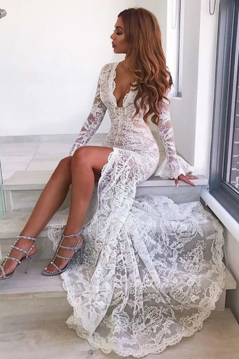 Elegant Mermaid Lace Maxi Dress with Flare Sleeves and Deep V-Neck for Weddings and Parties