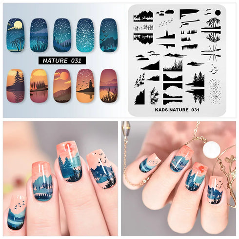 Nature-Inspired Nail Art Stamping Plate Set with Butterfly and Mountain Range Designs for DIY Manicure Enthusiasts