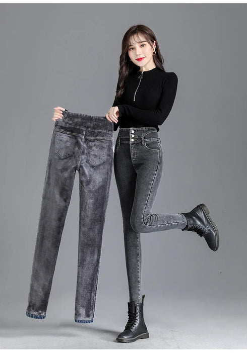 Warm High-Waist Fleece-Lined Skinny Jeans for Women - Perfect for Casual Fall Outfits and Stylish Pencil Pants Looks
