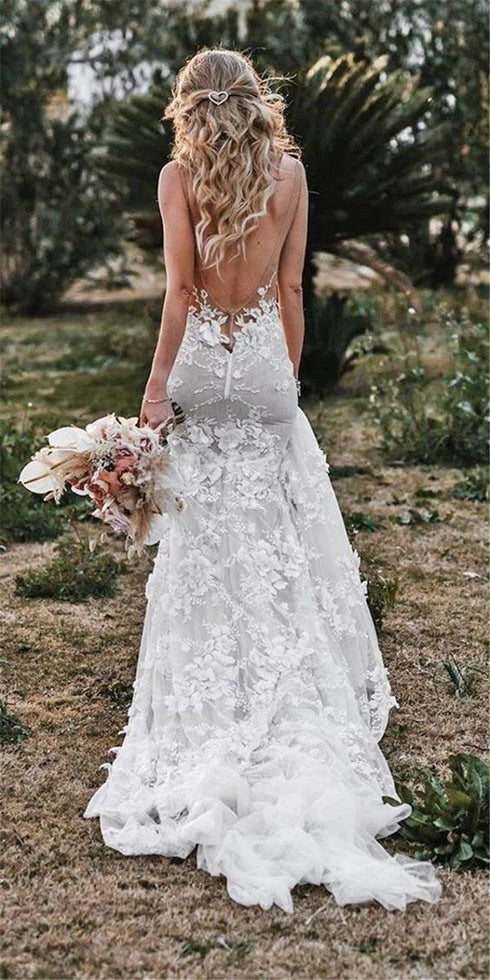Vintage Mermaid Wedding Dress V-Neck 3D Flowers Appliques Boho Backless Bride Gown Sleeveless Train