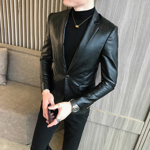 Stylish Slim Fit PU Leather Blazer Jackets for Men - Casual Business Suit Coats in 4XL Size for Autumn and Winter Wear