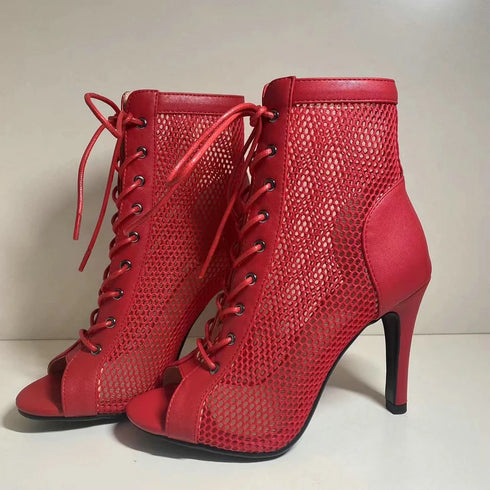 Sexy High Heels Hollow Mesh Sandals for Summer Fashion Comfort Peep Toe Stilettos Jazz Dance Female Shoes Plus Size