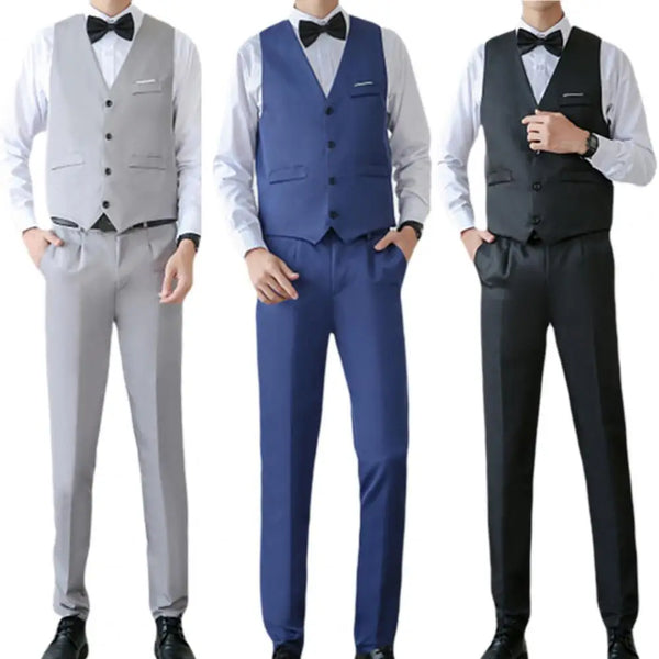 Formal V Neck Men's Business Suit Set with Vest, Shirt, and Pants for Weddings