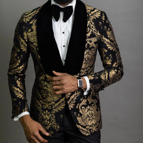 African Fashion Floral Jacquard Men's Slim Fit Blazer with Velvet Shawl Lapel