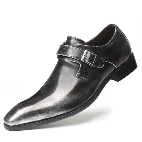 Italian Style Genuine Leather Men's Slip-On Dress Shoes with Buckle - Formal Footwear
