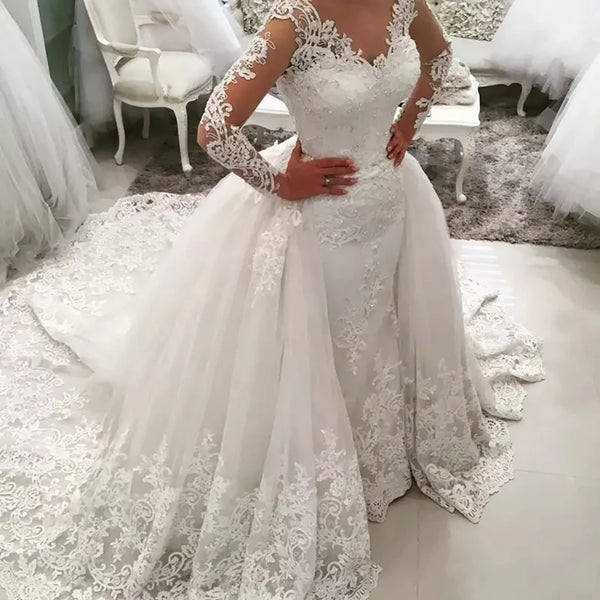 Detachable Train Mermaid Wedding Dress Long Sleeve Lace Bridal Gowns
