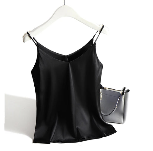 Spaghetti Strap Satin Silk Tank Top Women Sleeveless Halter V Neck Camisole Summer Casual Cami