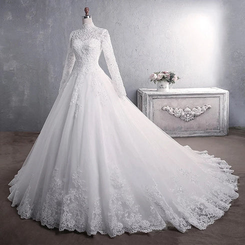 Muslim Wedding Dress Elegant High Neck Train Luxury Lace Gown