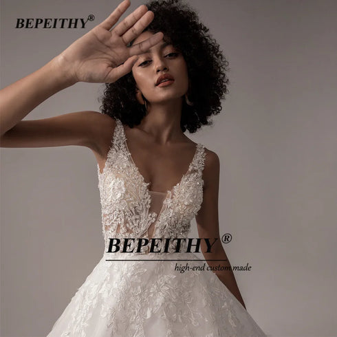 BEPEITHY Customized V Neck Sleeveless Wedding Dresses A Line Bridal Gown
