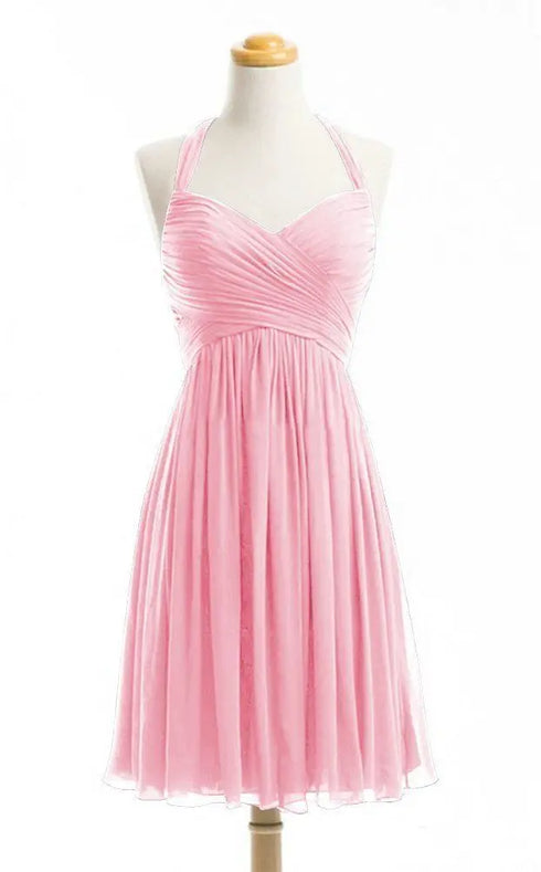 Bridesmaid Dress A Line Chiffon Knee Length Sweetheart Halter Zipper Back Dresses
