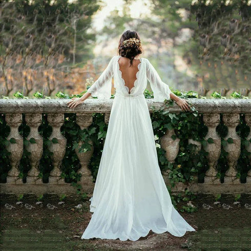 Customized White Chiffon Boho Wedding Dress Beach Three Quarter Sleeves Lace Bridal Gown Backless V Neckline