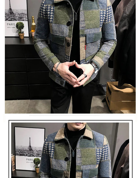 Men's Casual Lapel Hoodless Jacket - Slim Fit Plaid Woolen Coat for Autumn and Winter Fashion