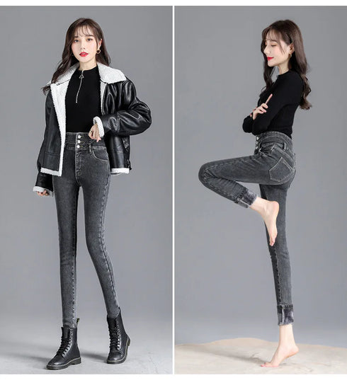 Warm High-Waist Fleece-Lined Skinny Jeans for Women - Perfect for Casual Fall Outfits and Stylish Pencil Pants Looks