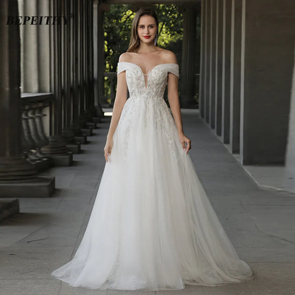 BEPEITHY Customized Off The Shoulder Boho Wedding Dress A Line Chic Beading Bohemian Bridal Gown