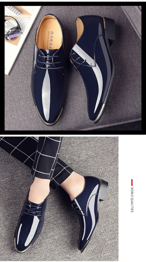 Men's Pointed Toe Patent Leather Dress Shoes - Elegant Lace-Up Styles for Weddings and Business Events