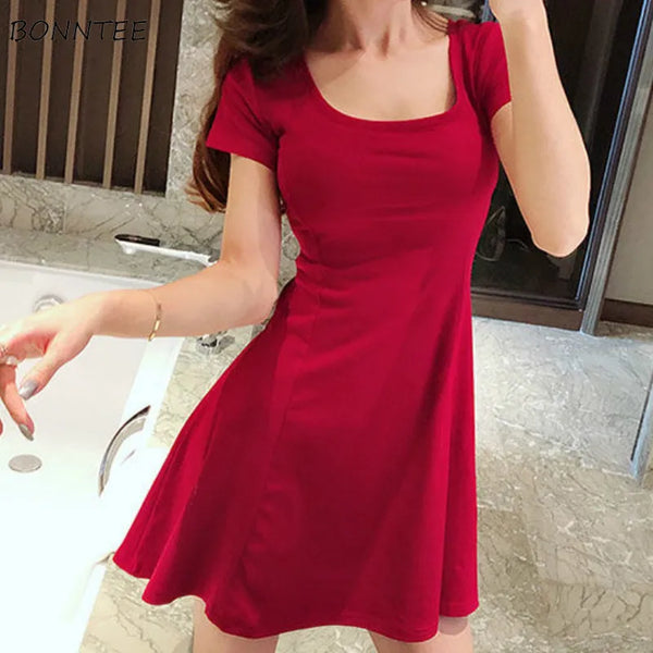 Dress Women Solid Ruffles Sexy Lady Skinny Stretchy Mini Dresses A-line Beach Trendy Cute Girls