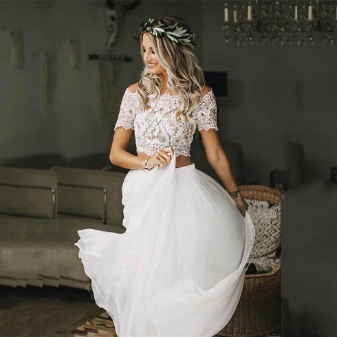 Charming Customized Boho Wedding Gowns Lace Two Pieces Top Bateau Neckline Beach Bride Dresses