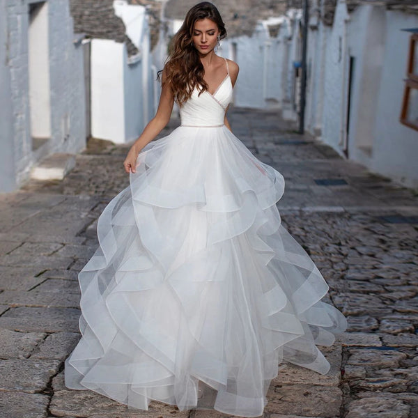 Ball Gown Wedding Dress With Beaded Ruffles Spaghetti Straps Backless Customized