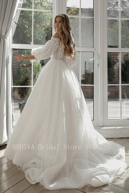 Princess Applique Lace Wedding Dresses Puff Sleeve Ball Gown