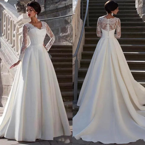 Modest Lace Appliqued A-line Satin Wedding Dress V Neck Sheer Back Long Sleeve For Women