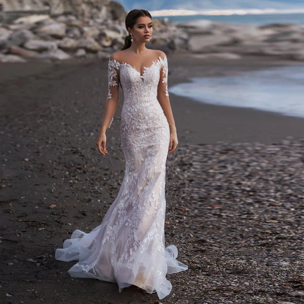 Customized Beach Long Sleeves Mermaid Wedding Dress Elegant V-Neck Lace Appliques Illusion Back Bridal Gown