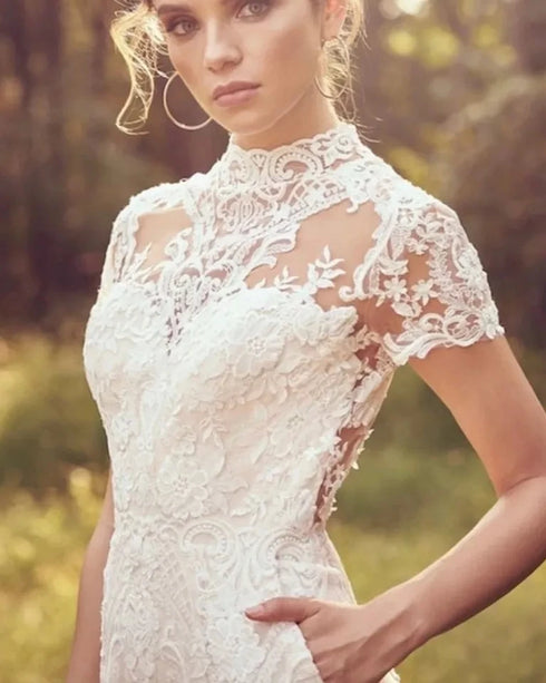 Chic Lace Applique Jumpsuit Wedding Dress with Illusion Back and Short Sleeves for Modern Brides