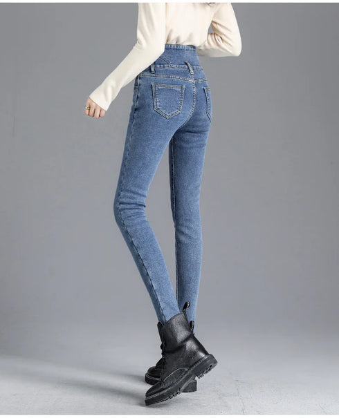 Warm High-Waist Fleece-Lined Skinny Jeans for Women - Perfect for Casual Fall Outfits and Stylish Pencil Pants Looks