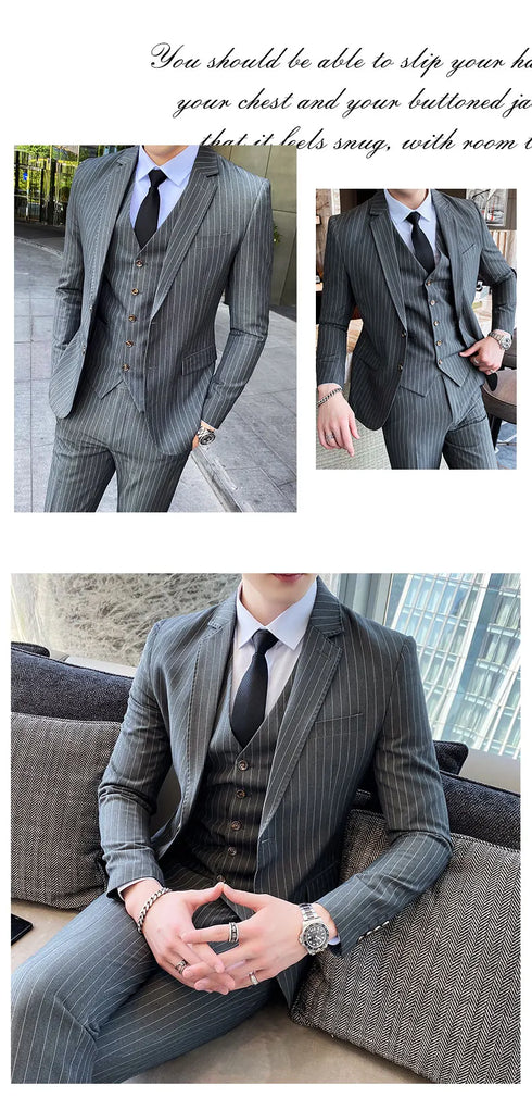 ( Jacket + Vest + Pants ) Prom Groom Tuxedos Male Wedding Suits 3Pcs Set Men's Striped Casual Business Suit