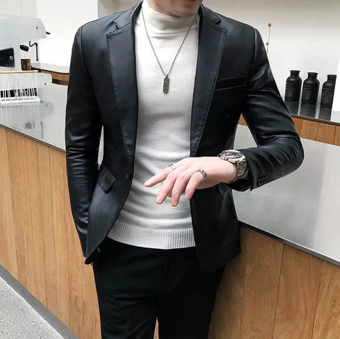 Stylish Slim Fit PU Leather Blazer Jackets for Men - Casual Business Suit Coats in 4XL Size for Autumn and Winter Wear