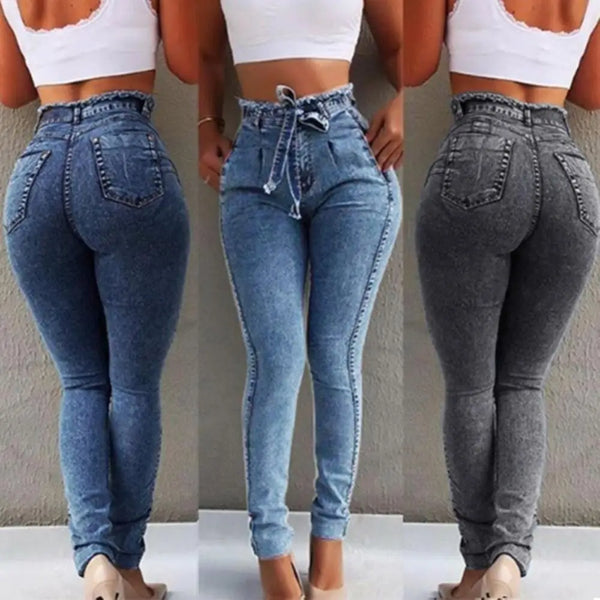 Plus Size Jeans Woman Belted High Waist Skinny Denim Pants