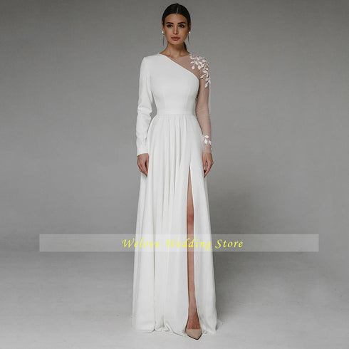 Asymmetrical Side Slit Wedding Dress Long Sleeve Bridal Gown