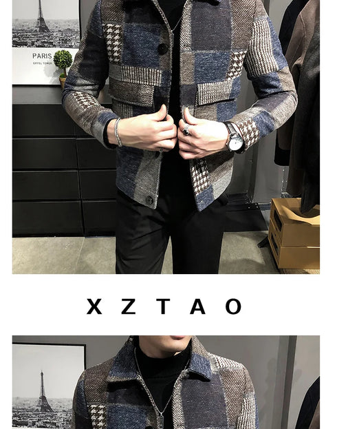 Men's Casual Lapel Hoodless Jacket - Slim Fit Plaid Woolen Coat for Autumn and Winter Fashion